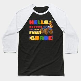 Hello First Grade, Funny Dinosaur Monster Truck Back To School Baseball T-Shirt